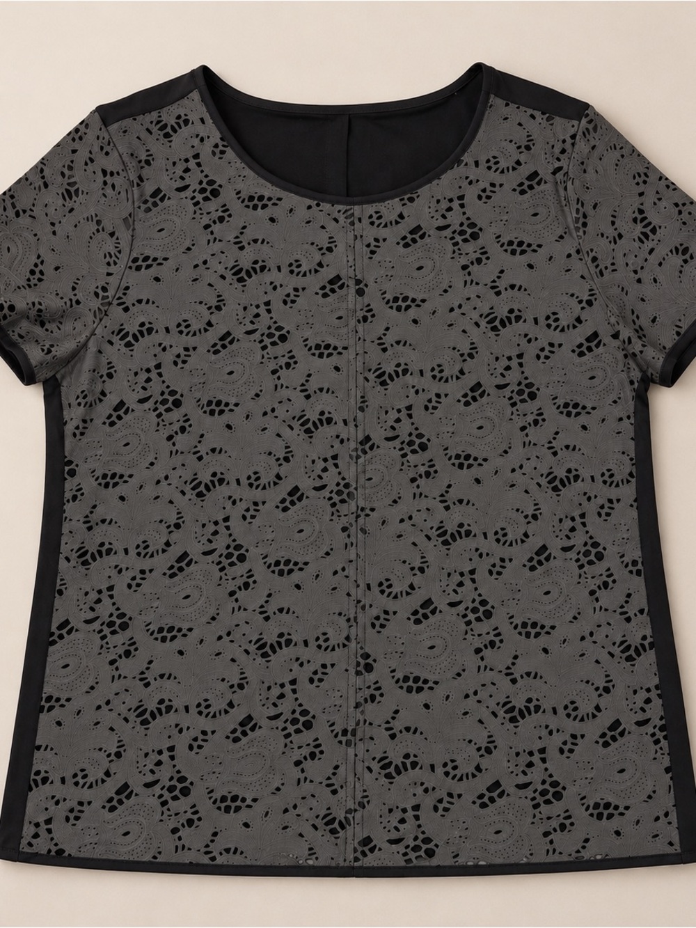 Italian Leather Eyelet Cutout Blouse Gray Black Short Sleeve Small